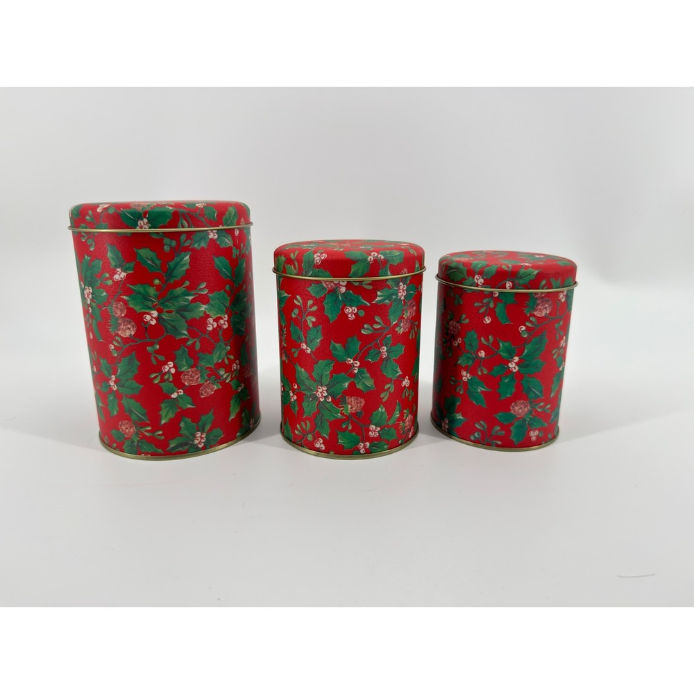 Vintage Christmas Nesting Tins Set of 3 Red Holly Berry Holiday Canisters